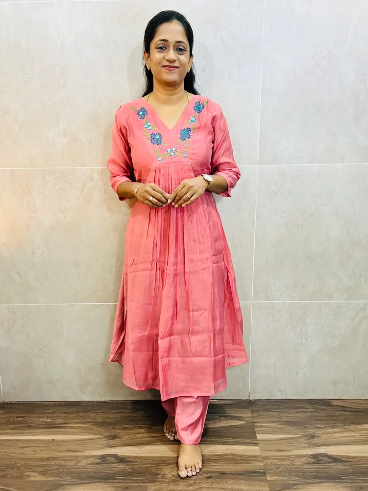 Soft chanderi silk top(crepe lining)with embroidered yoke paired with soft chanderi silk bottom(semi palazzo)