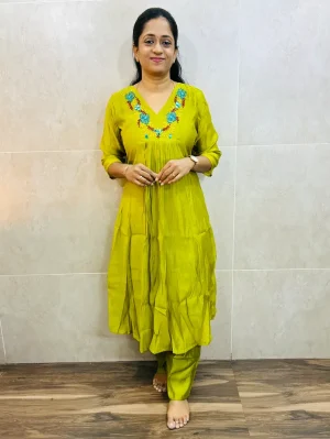 Soft chanderi silk top(crepe lining)with embroidered yoke paired with soft chanderi silk bottom(semi palazzo)