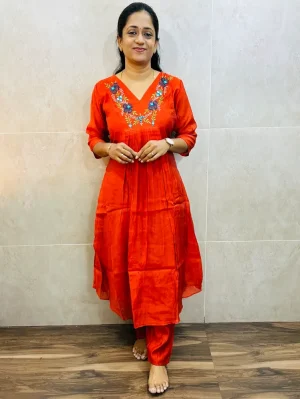 Soft chanderi silk top(crepe lining)with embroidered yoke paired with soft chanderi silk bottom(semi palazzo)