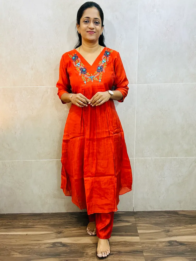 Soft chanderi silk top(crepe lining)with embroidered yoke paired with soft chanderi silk bottom(semi palazzo)