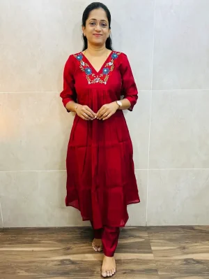 Soft chanderi silk top(crepe lining)with embroidered yoke paired with soft chanderi silk bottom(semi palazzo)