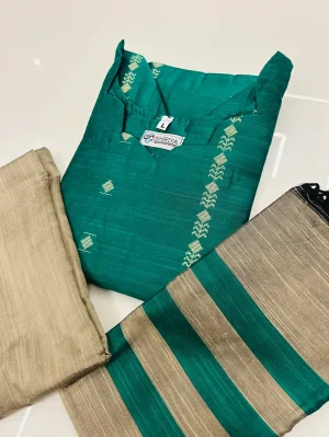 Semi raw silk top (cotton lining) paired with semi raw silk dupatta and semi raw silk bottom (Free size)