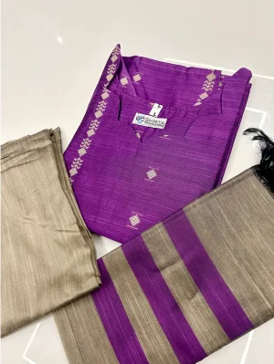 Semi raw silk top (cotton lining) paired with semi raw silk dupatta and semi raw silk bottom (Free size)
