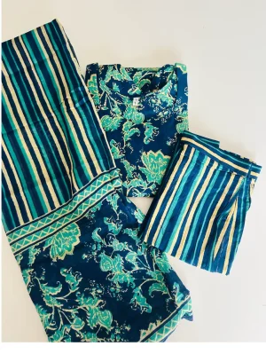 (Blue)Printed Jaipur cotton top (cotton lining) paired with printed cotton dupatta and cotton bottom (Free size)