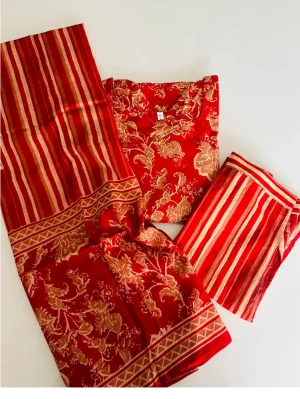 (Red)Printed Jaipur cotton top (cotton lining) paired with printed cotton dupatta and cotton bottom (Free size)