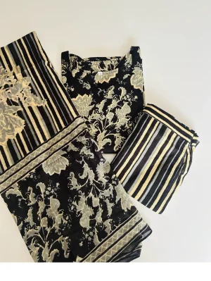(Black)Printed Jaipur cotton top (cotton lining) paired with printed cotton dupatta and cotton bottom (Free size)