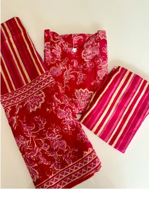 (Dark pink)Printed Jaipur cotton top (cotton lining) paired with printed cotton dupatta and cotton bottom (Free size)