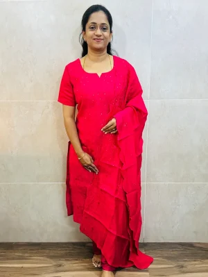 Soft muslin silk top (cotton lining) with allover Chikankari embroidery paired with muslin silk dupatta and silk bottom (free size)