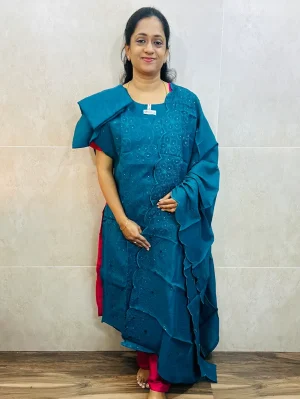 Soft muslin silk top (cotton lining) with allover Chikankari embroidery paired with muslin silk dupatta and silk bottom (free size)