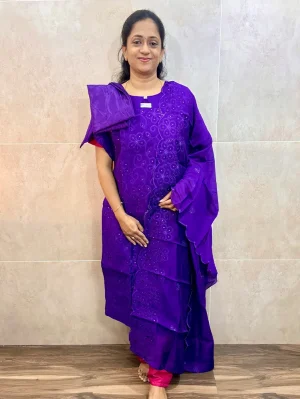 Soft muslin silk top (cotton lining) with allover Chikankari embroidery paired with muslin silk dupatta and silk bottom (free size)