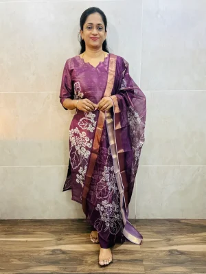 Soft tissue silk top (cotton lining) with allover zari woven buttas paired with printed soft organza dupatta and silk bottom (free size)