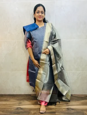 Soft tissue silk top(cotton lining)with allover weavings paired with soft tissue silk dupatta and silk bottom(free size)