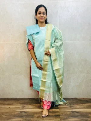 Soft tissue silk top(cotton lining)with allover weavings paired with soft tissue silk dupatta and silk bottom(free size)