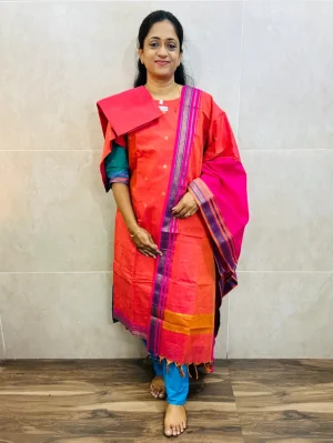 Pure handloom cotton top (cotton lining) paired with cotton dupatta and cotton bottom (free size)