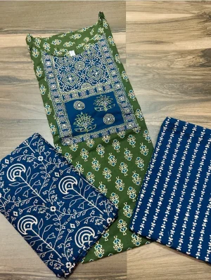 Ajrakh printed Jaipur cotton top (cotton lining) paired with cotton dupatta and cotton bottom (free size)