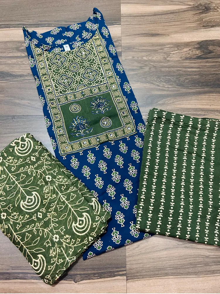 Ajrakh printed Jaipur cotton top (cotton lining) paired with cotton dupatta and cotton bottom (free size)