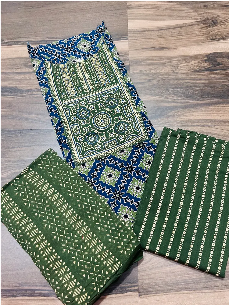 Ajrakh printed Jaipur cotton top (cotton lining) paired with cotton dupatta and cotton bottom (free size)