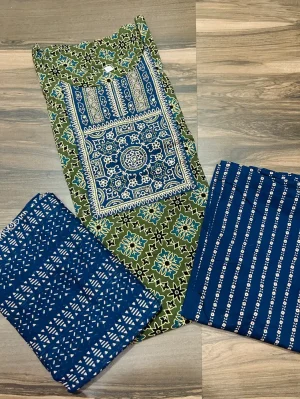 Ajrakh printed Jaipur cotton top (cotton lining) paired with cotton dupatta and cotton bottom (free size)