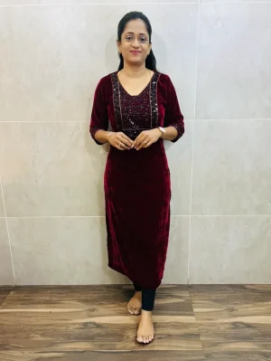 (Maroon)Exclusive velvet top with handwork on yoke and sleeves(straight cut)