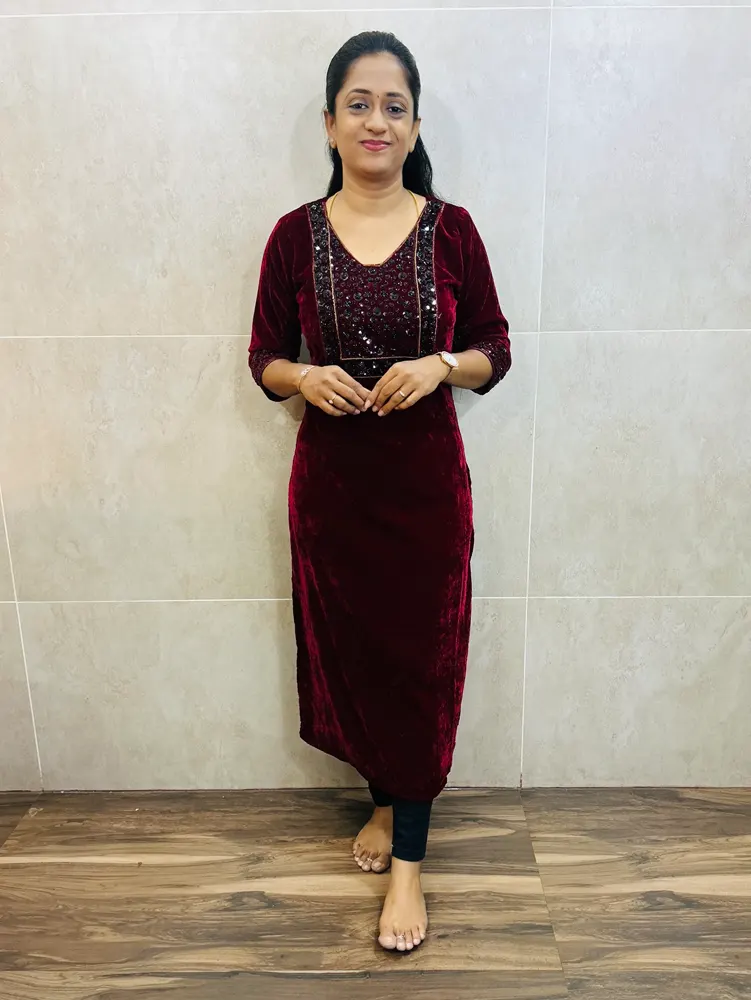 (Maroon)Exclusive velvet top with handwork on yoke and sleeves(straight cut)