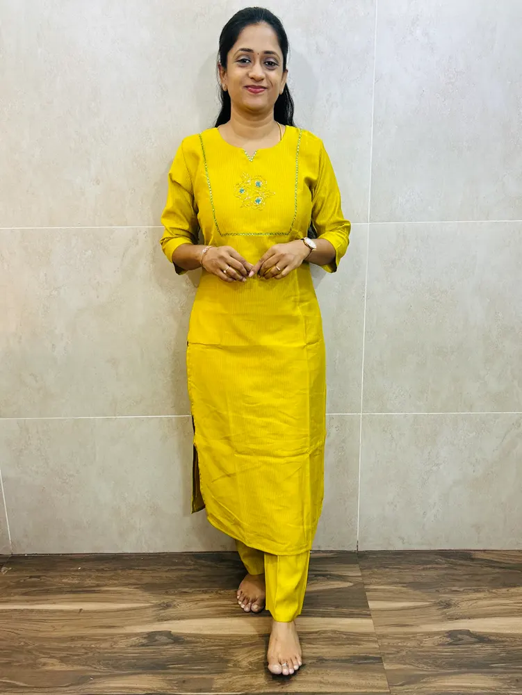 Premium textured Rayon top(crepe lining)with exclusive handwork on yoke paired with rayon bottom(straight cut)