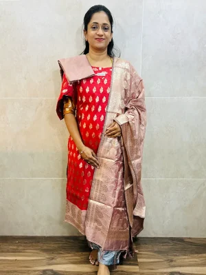 Soft Benarasi silk top (cotton lining) with all over zari weaving paired with Benaras silk dupatta and semi raw silk bottom (free size)