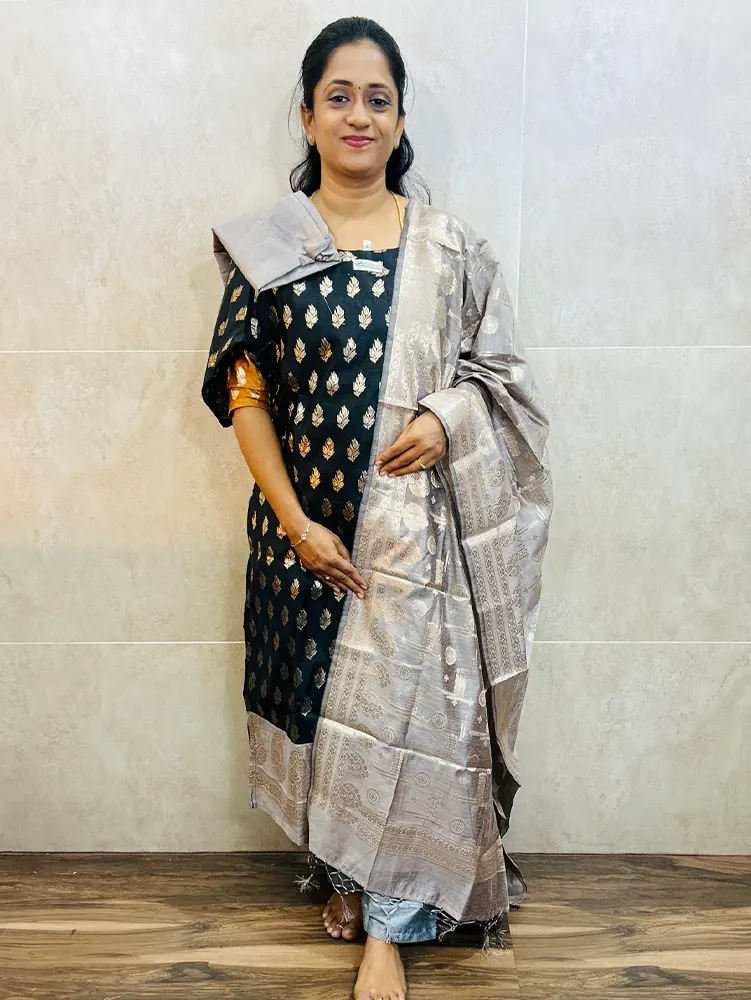 Soft Benarasi silk top (cotton lining) with all over zari weaving paired with Benaras silk dupatta and semi raw silk bottom (free size)