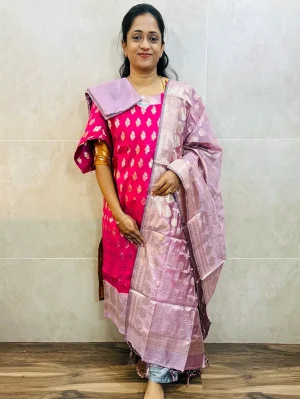 Soft Benarasi silk top (cotton lining) with all over zari weaving paired with Benaras silk dupatta and semi raw silk bottom (free size)
