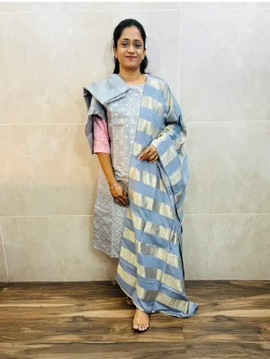 Soft tissue silk top(cotton lining) with allover jacquard and zari woven buttas paired with soft silk dupatta and silk bottom(free size)