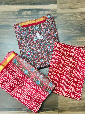 (Pattern-2)Handblock printed soft cotton top(cotton lining)paired with printed cotton dupatta and cotton bottom(free size)