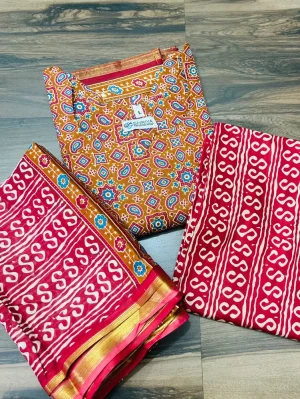 (Pattern-2)Handblock printed soft cotton top(cotton lining)paired with printed cotton dupatta and cotton bottom(free size)