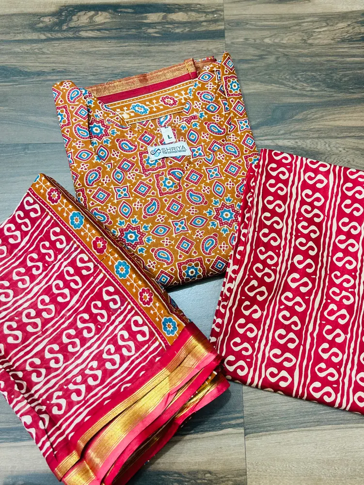 (Pattern-2)Handblock printed soft cotton top(cotton lining)paired with printed cotton dupatta and cotton bottom(free size)