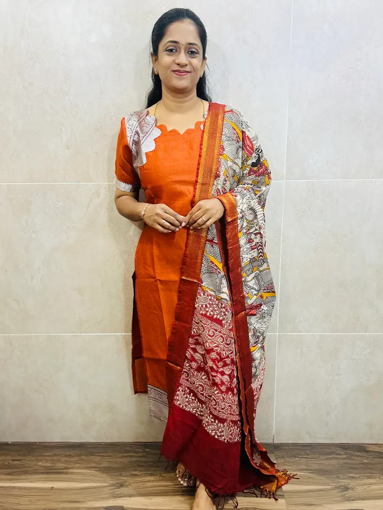 Handloom Mangalagiri silk top (cotton lining) paired with printed Kalamkari silk dupatta