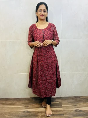 Ajrakh printed cotton top (cotton lining) with pleated and potli pattern in yoke (Aline pattern)