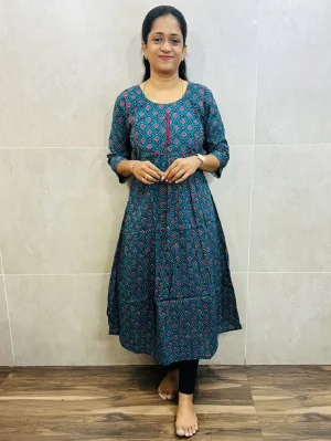 Ajrakh printed cotton top (cotton lining) with pleated and potli pattern in yoke (Aline pattern)