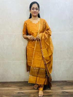 Premium semi Maheshwari silk top (cotton lining) with allover zari weavings paired with semi Maheshwari silk dupatta and semi raw silk bottom (free size)