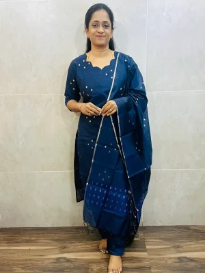 Premium semi Maheshwari silk top (cotton lining) with allover zari weavings paired with semi Maheshwari silk dupatta and semi raw silk bottom (free size)