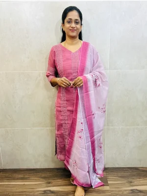 Embroidered linen cotton top (crepe lining) paired with digital printed linen cotton dupatta and silk bottom (free size)