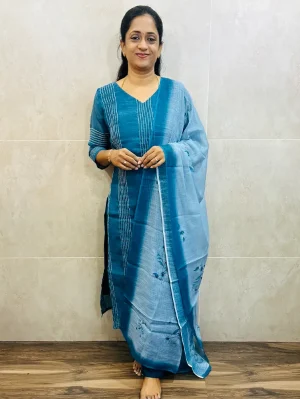 Embroidered linen cotton top (crepe lining) paired with digital printed linen cotton dupatta and silk bottom (free size)