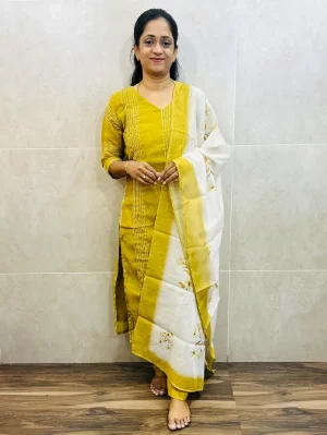 Embroidered linen cotton top (crepe lining) paired with digital printed linen cotton dupatta and silk bottom (free size)