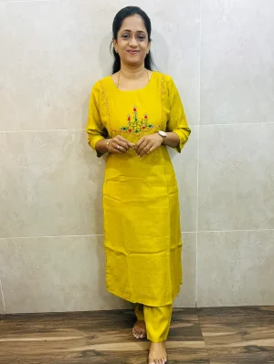 Premium textured Rayon top (crepe lining) with exclusive handwork on yoke paired with rayon bottom (straight cut)