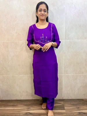 Premium textured Rayon top (crepe lining) with exclusive handwork on yoke paired with rayon bottom (straight cut)