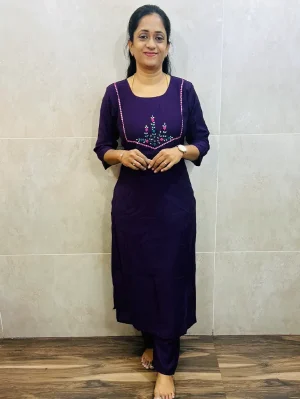 Premium textured Rayon top (crepe lining) with exclusive handwork on yoke paired with rayon bottom (straight cut)