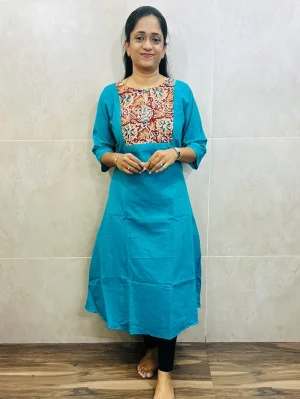 Handloom cotton top (cotton lining) with Kalamkari patchwork on yoke and 1-side pocket (Aline pattern)