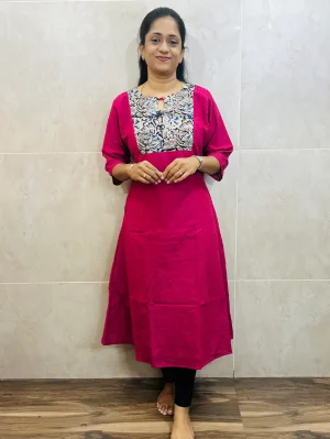 Handloom cotton top (cotton lining) with Kalamkari patchwork on yoke and 1-side pocket (Aline pattern)