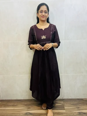 Soft silk top (crepe lining) with handwork in yoke and sleeves paired with soft silk bottom (semi palazzo)