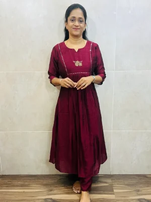 Soft silk top (crepe lining) with handwork in yoke and sleeves paired with soft silk bottom (semi palazzo)