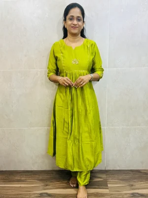 Soft silk top (crepe lining) with handwork in yoke and sleeves paired with soft silk bottom (semi palazzo)