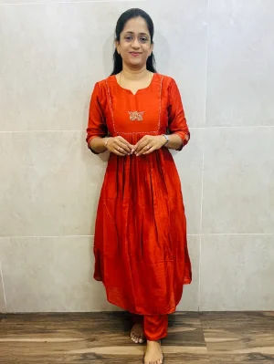 Soft silk top (crepe lining) with handwork in yoke and sleeves paired with soft silk bottom (semi palazzo)