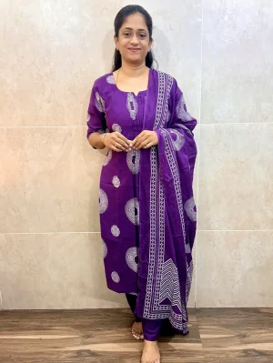 Printed Jaipur cotton top (cotton lining) paired with cotton dupatta and cotton bottom (Free size)